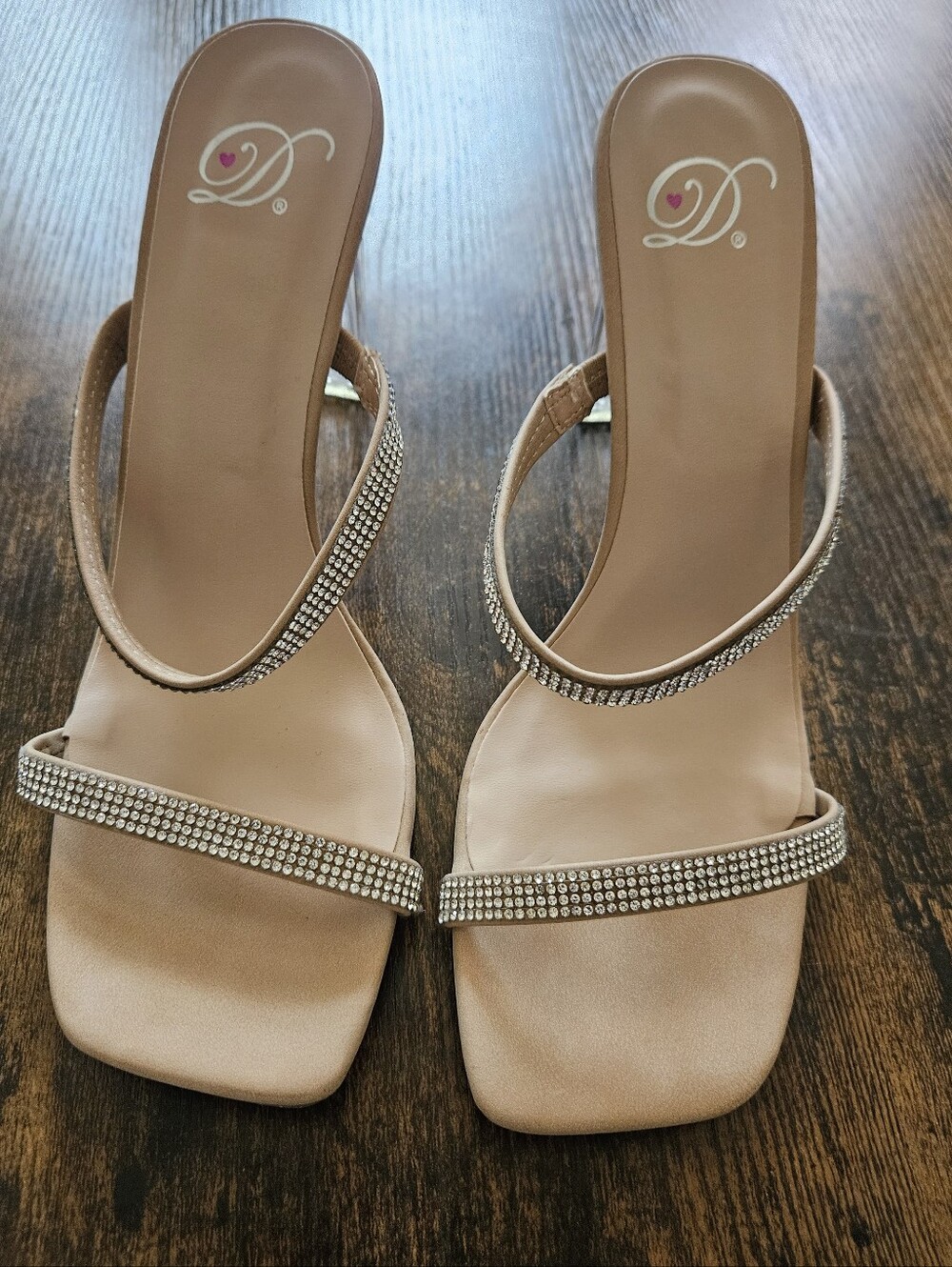 Delicious Nude-Beige Rhinestone Double-Strap Heels